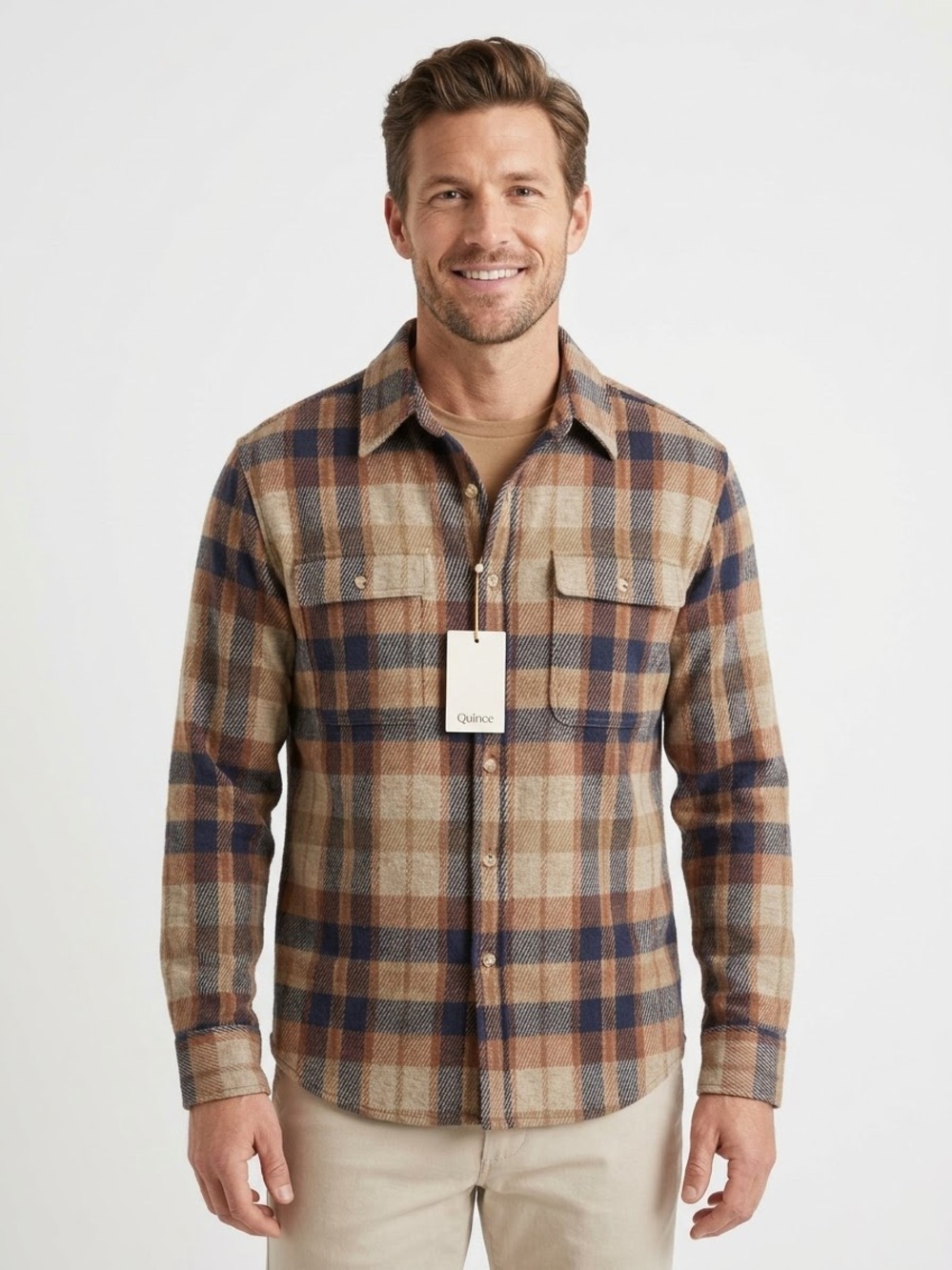 Quince Plaid Button-Down Shirt in Brown, Navy & Cream Men Small NWT